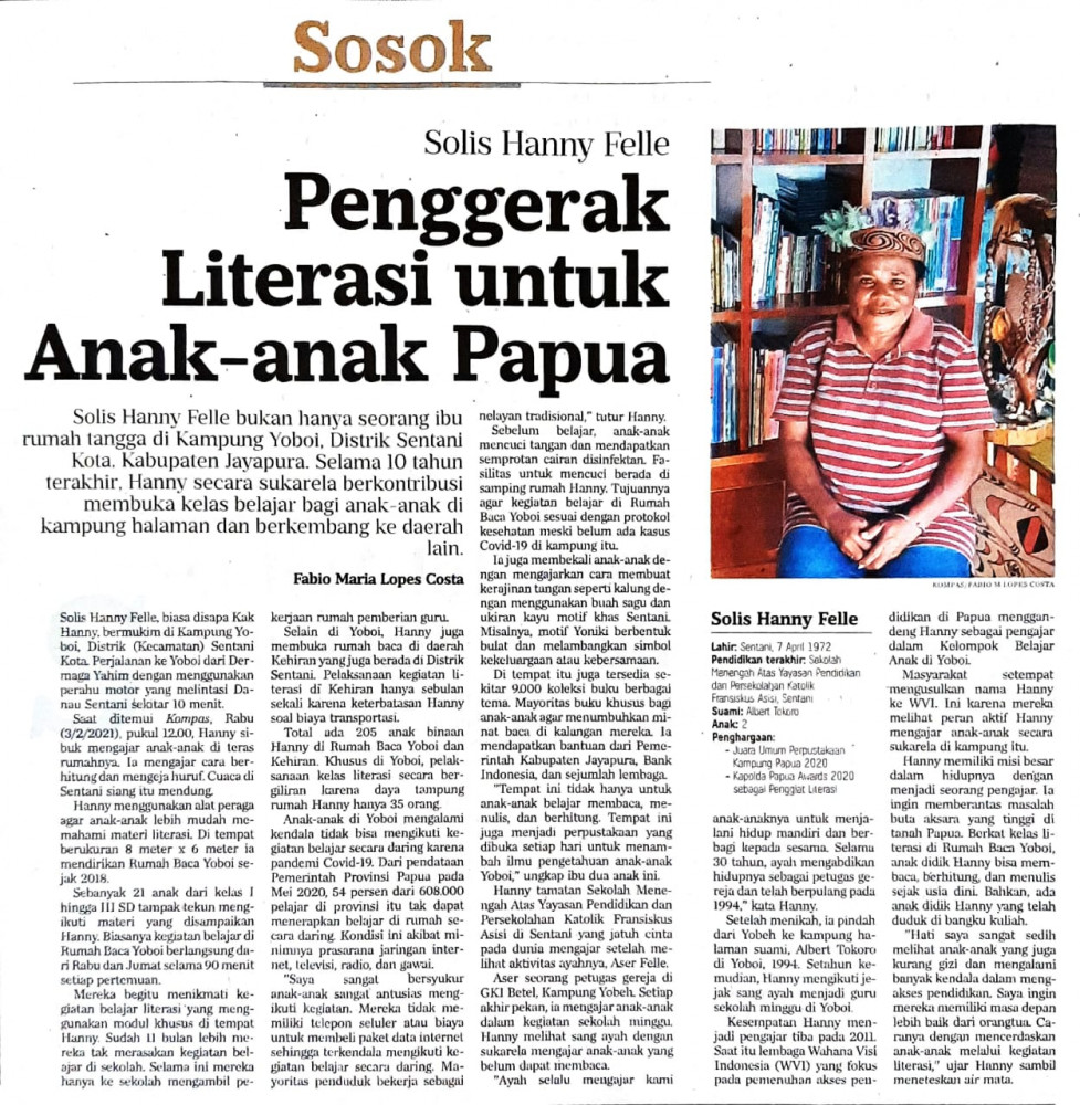 KOMPAS: Solis Hanny Felle, Penggerak Literasi bagi Anak-anak Kampung di Papua