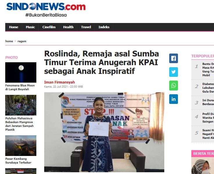 Roslinda, Remaja Asal Sumba Timur Terima Anugerah KPAI Sebagai Anak Inspiratif