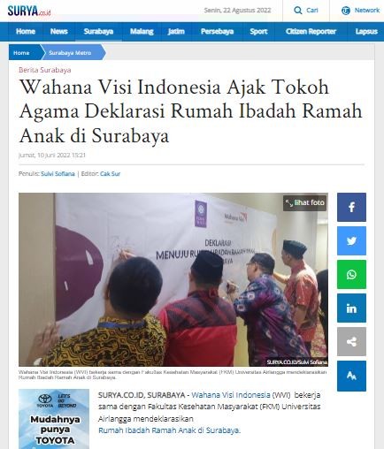 Wahana Visi Indonesia Ajak Tokoh Agama Deklarasi Rumah Ibadah Ramah Anak di Surabaya