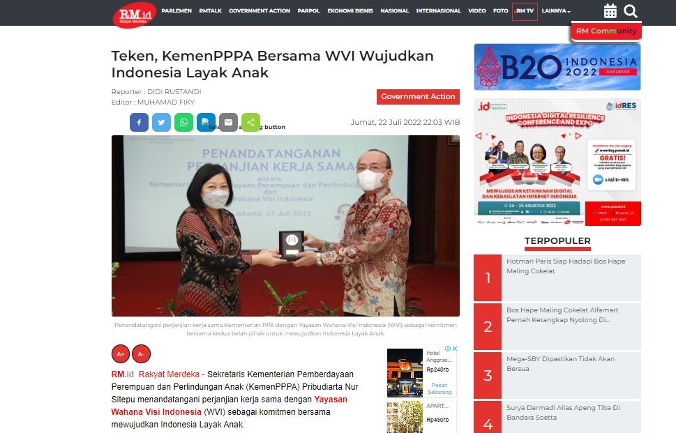 Teken, KemenPPPA Bersama WVI Wujudkan Indonesia Layak Anak