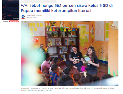 WVI Sebut Hanya 36,1 Persen Siswa Kelas 3 SD di Papua Memiliki Keterampilan Literasi