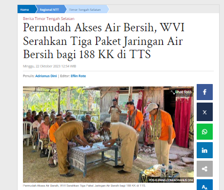 Permudah Akses Air Bersih, WVI Serahkan Tiga Paket Jaringan Air Bersih bagi 188 KK di TTS